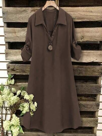 SHEIN Tall CURVE Plus Size Women's French Style Casual V-Neck Short Sleeve Summer Dress Chocolate Brown Dress Collar Dress Women Brown Dress Women Coffee Brown Dress Dark Brown Dress
