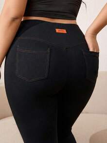 Solflare 大码女式高腰弹力口袋打底裤，适合秋、冬、春季穿着 - 黑色 - 查看 2