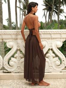Swim Lushoire Women's Halter Tie Backless Sequin Patchwork Sexy Beach Cover Up Dress - Brown - View 2