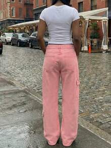 SHEIN ICON Quần jeans nữ màu trơn đơn giản, phong cách thường ngày - Hồng - Xem 2