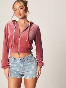 Missguided x Playboy Women Velvet Zip Up Hoodie With Drawstring Long Sleeve Crop Top Fall Winter Casual Streetwear Fashion - Pink - View 1