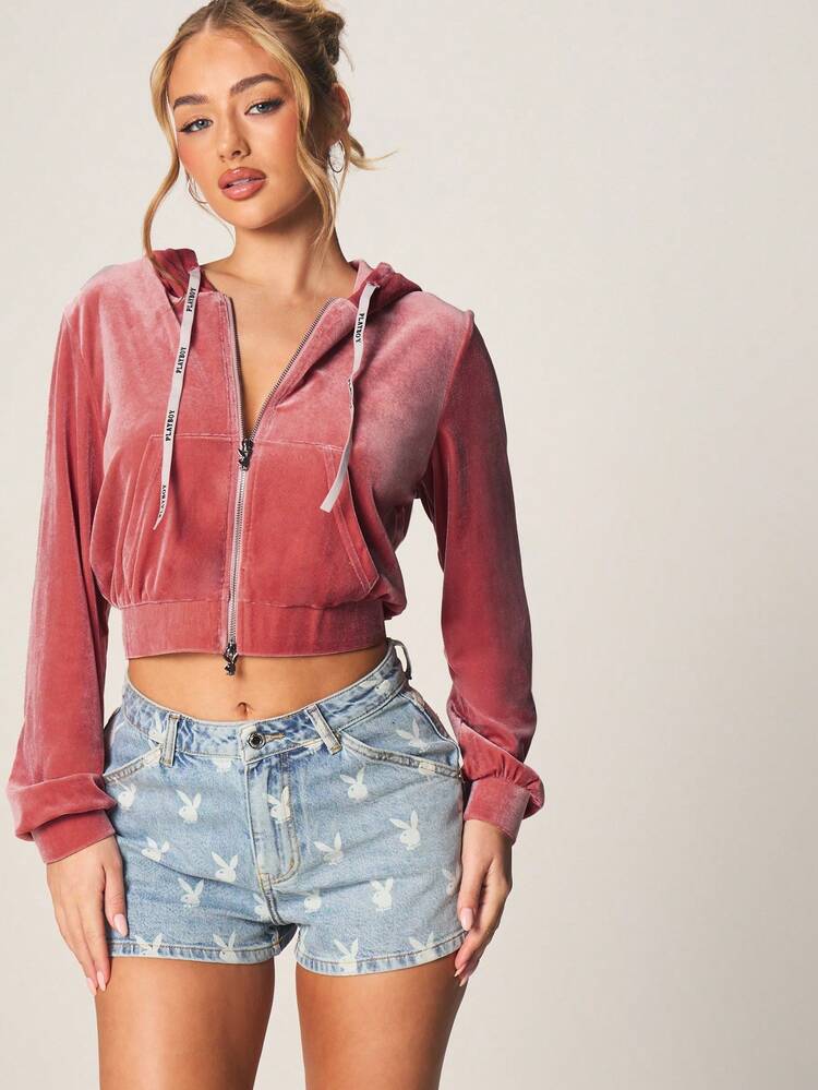 Missguided x Playboy Women Velvet Zip Up Hoodie With Drawstring Long Sleeve Crop Top Fall Winter Casual Streetwear Fashion