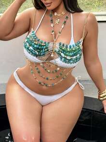 Swim SXY Áo khoác đi biển cổ yếm đính hạt dành cho nữ cỡ lớn - màu xanh lá - Xem 3