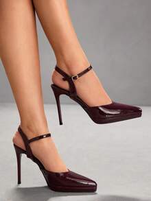 CUCCOO SZL Women Shoes Pointed Thin High Heel Heightening Water Table Burgundy Ankle Strap Simple Back Lift Women's Back Empty Shoes Wedding Party Banquet Simple Fashion Sexy Women's High Heel Shoes Women's Shoes Valentine's Day - Redwood - View 1