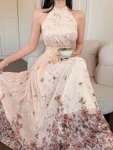DAZY Women's Elegant Floral Print Sleeveless Dress With Stand Collar, Summer Wedding Guest Dress Sundress - Gold - View 6