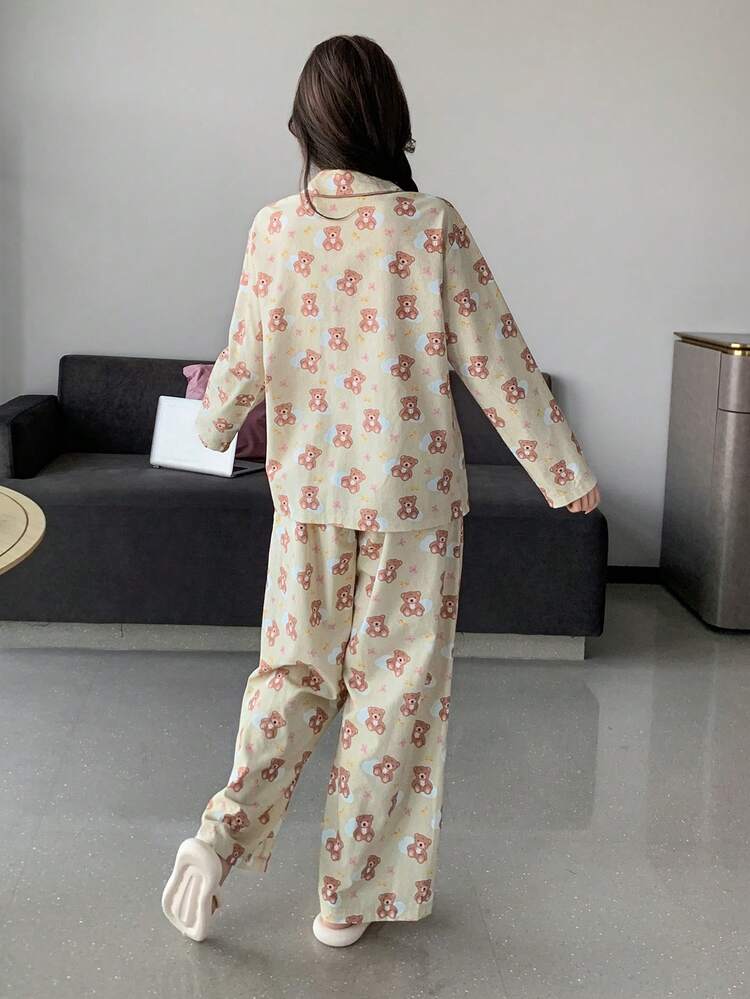 Bear Print Contrast Trim Women Pajama Set