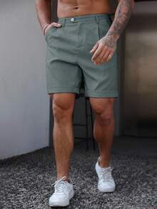 Manfinity Homme Plusstorlekar herrshorts i enfärgat, sneda fickor, veckade, avslappnade och mångsidiga - Grå - Visa 6