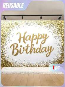 Luxury White And Gold Birthday Backdrop Fabric Banner For Party Decor, Elegant Anniversary Photography Background, Reusable Happy Birthday Sign For Indoor Outdoor WeddingShower Garden Wall Decoration Supplies - Multicolor - View 1