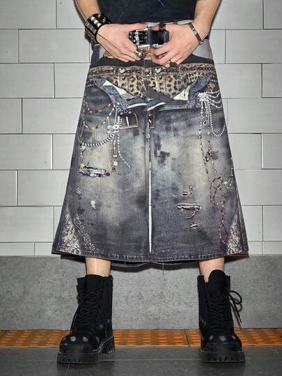 ROMWE MEN Street Life Men's Digital Print Faux Multi-Waistband Denim Shorts