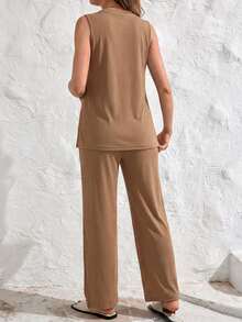 SHEIN Bộ đồ bầu thanh lịch, không tay cổ tròn xẻ tà bên hông, gồm áo hai dây và quần ống đứng cạp chun điều chỉnh được, gồm 2 món. - Màu Khaki - Xem 2