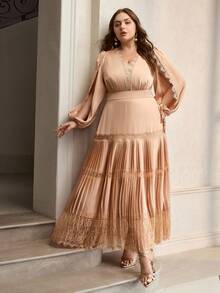 ZEYLAH 大码女式V领蕾丝拼接褶裥下摆优雅修身连衣裙 - 珊瑚粉 - 查看 5