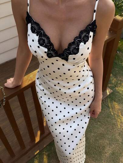 Livesso Spring & Summer Polka Dot Print Black Lace Patchwork Backless Slip Dress, Color Block Satin Satin Elegant V-Neck Midi Dress For Party, Wedding, Music Festival, Beach Vacation