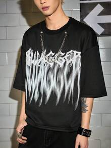 ROMWE MEN Grunge Punk 男士荆棘深色字母装饰圆领链条短袖T恤 - 黑色 - 查看 6