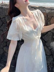 DAZY Women's Fashionable Vacation Sheer Tie-Up Lightweight Jacket, Summer - White - View 5