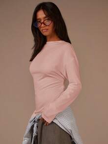 Athîral Women's Solid Color Minimalist Waist Cinching Long Sleeve T-Shirt - Baby Pink - View 5