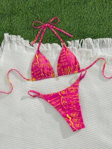 Swim Vcay 2件套新款随机印花露背性感优雅度假比基尼套装，适合海滩、泳池、派对等场合。 - 彩色 - 查看 5