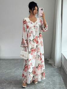 Yasmyna Vestido maxi de gasa holgado con estampado floral de cuentas y rhinestones, estilo árabe romántico para vacaciones - Multicolor - Ver 4