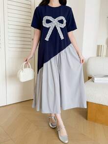 SHEIN Conjunto de 2 peças de vestido listrado com patchwork e laço para adolescentes. - Azul - Ver 7