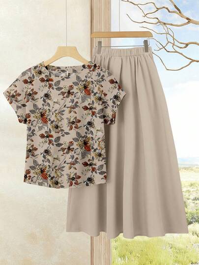 Rusticease Elegant Vintage Style 2-Piece Set: Printed Blouse + Solid Color Midi Skirt, Women's Casual Holiday Outfit, Summer Skirt Set, Blouse And Skirt Set, Women's Skirt And Blouse Set, Printed Set