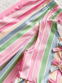 SHEIN Vintaside Kids 2件套女婴幼儿/新生儿0-3岁春夏休闲甜美日常度假条纹梭织无袖上衣和阔腿裤套装 - 粉色 - 查看 6