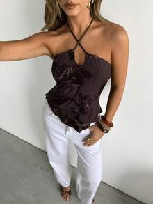 Siren Gaze Women's Casual Brown Knitted Regular Length Halter Asymmetrical Hem Sleeveless Top With Floral Design Summer - Brown - View 6