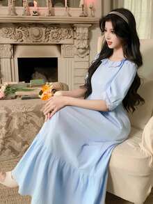 DAZY Women's Elegant Ruffled Embroidered Mid-Length Dress, Summer Wedding Guest Dress - Blue - View 3