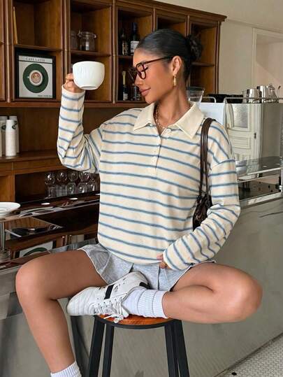 Muchica Blue & White Striped Knit Casual Women Long Sleeve T-Shirt