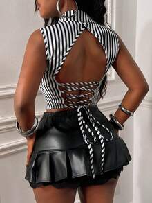 Glyssa Women's Striped Casual Street Style White Polo Collar Pocket Cropped Top With Criss-Cross Back Straps - Black and White - View 1