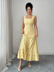 Selianne Đầm maxi dáng chữ A không tay cổ vuông, họa tiết kẻ caro, màu vàng nhạt, thanh lịch dành cho nữ, thích hợp cho mùa xuân/hè. - Màu vàng - Xem 3