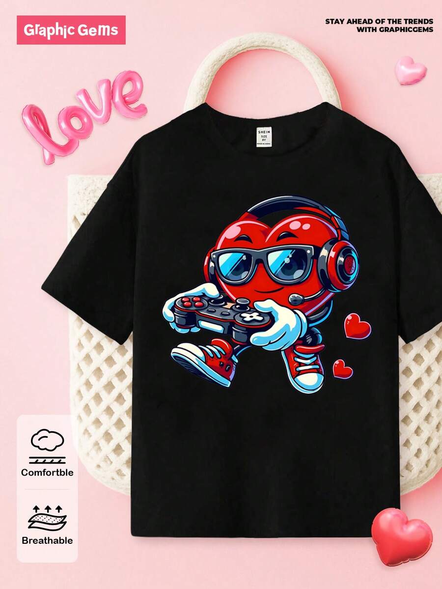 SHEIN GraphicGems Áo thun ngắn tay cơ bản, thoải mái, phong cách, sáng tạo, cá tính, tươi mới, tối giản, in hình nhân vật hoạt hình trái tim, máy chơi game, kính râm, thích hợp cho ngày Valentine, dành cho bé trai tuổi teen. - màu đen - Xem 1