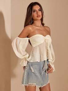 SHEIN BAE Apricot Off-Shoulder Ruffle Sleeve Twist Knot Blouse, Elegant Romantic Ruffle Blouse For Summer, Women Apricot Summer Top - Apricot - View 5