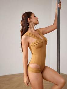 SHEIN Cheerettes 女士纯色褶皱镂空性感日常钢管舞连体裤 - 咖啡棕 - 查看 4