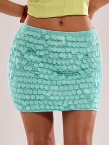 SHEIN BAE 女士亮片装饰百搭约会派对迷你裙 - 薄荷藍 - 查看 5