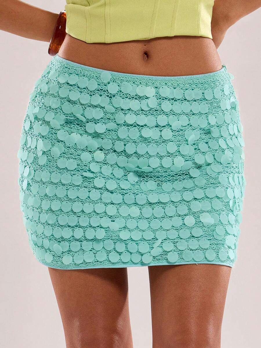 SHEIN BAE 女士亮片装饰百搭约会派对迷你裙 - 薄荷藍 - 查看 1