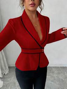 Rafferiza Kemeja Wanita Lengan Panjang Pas Badan dengan Kerah Syal dan Trim Kontras, Cocok untuk Kerja dan Perjalanan, Musim Semi/Gugur - Merah - View 6