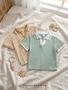 Cozy Pixies 2pcs Young Boy Vacation Style Textured Jacquard Soft Knit Contrast Collar Half-Zip Pullover Polo Tops, Multi-Pack - Multicolor - View 1