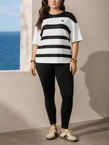 Zelara 两件套秋季女装加大码黑白条纹落肩优雅女式魅力T恤和打底裤休闲套装女式端庄两件套机场女装套装黑色两件套旅行装机场 - 黑與白 - 查看 4