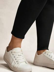 SHEIN LUNE 大码女式休闲简约蝴蝶结印花打底裤，适合春夏穿着 - 黑色 - 查看 6