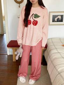 DAZY 女士樱桃图案针织上衣和格子睡裤两件套睡衣套装，冬季 - 粉色 - 查看 3