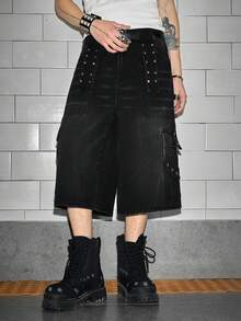 ROMWE MEN Casual Men's Rivet Decorated Denim Shorts - Black - View 6