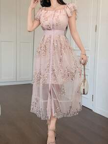 DAZY Đầm slip tay ngắn xếp ly họa tiết hoa nhí, đầm công sở thanh lịch cổ vuông. - Hồng - Xem 4