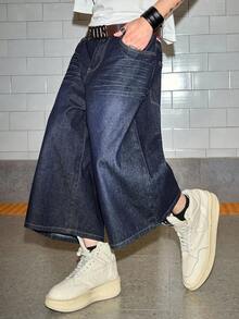 ROMWE MEN Grunge Punk 男士休闲日常牛仔短裤，带口袋，部分印有国旗图案 - 藍色 - 查看 7