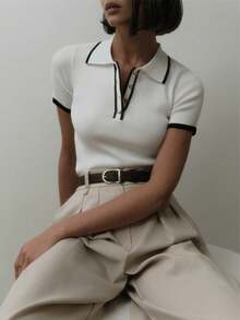 Briarwyn Women's Contrast Trim Half-Zip Casual Short Sleeve Knit Top - White - View 7