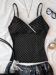 少女黑白波点蕾丝边吊带背心，休闲家居服，轻盈风格 - 黑與白 - 查看 1