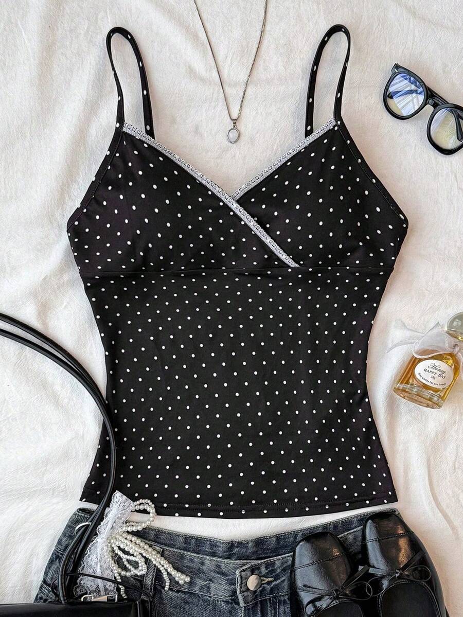 少女黑白波点蕾丝边吊带背心，休闲家居服，轻盈风格 - 黑與白 - 查看 1