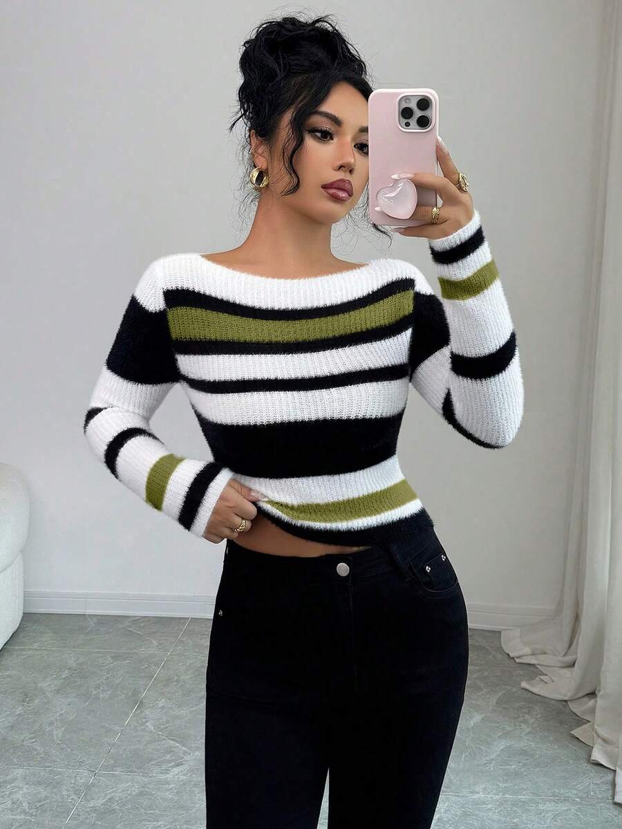 SHEIN Elenzya Élégant pull tricoté slim à manches longues et épaules dénudées pour femmes, multicolore. Convient pour le travail, l'automne/l'hiver - Vert - Voir 1