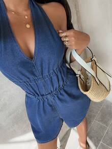 Sunnyshic Fashionable V-Neck Tie-Up Halter Washed Denim Jumpsuit - Medium Wash - View 3