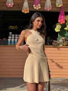 Selianne Apricot Beaded Sleeveless Crossover Pullover Top And Knit Mini Skirt 2 Pieces Set, Casual, Vacation, Commute, Spring/Summer - Apricot - View 3