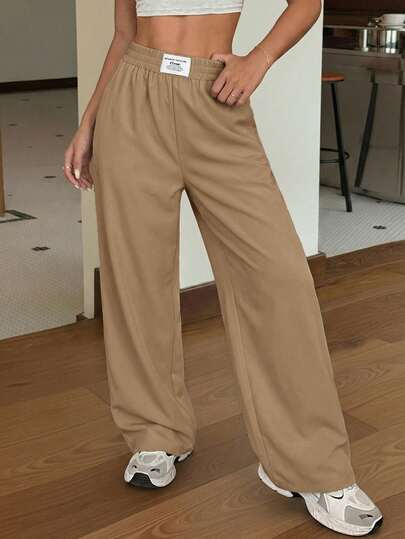 SHEIN EZwear Black Loose Casual Straight Leg Pants, Spring/Summer