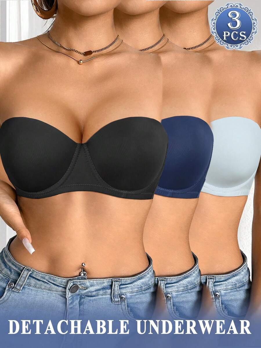 DesireSculpt 3pcs Women's Solid Color Simple Design Strapless Bra With Wire, Seamless Bra Set - Multicolor - View 1
